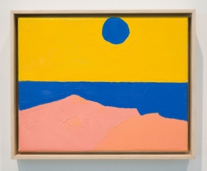 Brightly colored painted abstract landscape scene of pink, blue and yellow