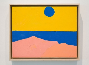 An abstract painting of land against the sea with a hanging circle