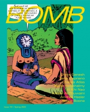 The cover of BOMB Magazine's Spring 2020 issue, with a teal background and a cartoon of a woman and mystic sitting on a rug