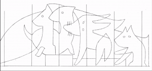 A sketch of Ulrike Müller's mural of animals in black and white