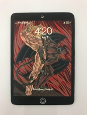 A painting of an iPad with a painting of Hades in red, beige, and brown.