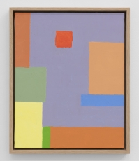 An abstract painting in predominantly orange, yellow, red, green, blue, and purple hues