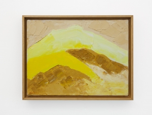 An abstract painting of a mountain landscape in beige, yellow, and orange.