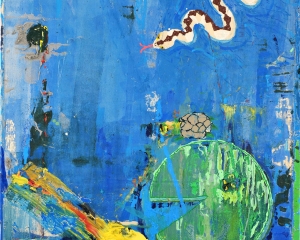An abstract painting of a lily pad in blue water. The lily pad is at bottom left, there is a snake top-right and yellow mass of paint bottom-left.