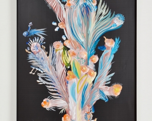 A painting on corrugated black plastic, framed in black. The image looks feathered, with blue and pink tendrils, and orange fuzzy ends to each extreme.