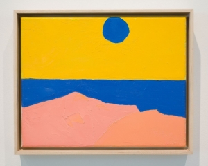 Brightly colored painted abstract landscape scene of pink, blue and yellow