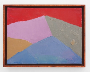 An abstract mountain-scape work with red, pink, orange, gray, and blue