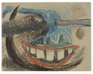 A graphite and crayon drawing on paper with a smile centrally located near the bottom-center. There are swirls of brown, gray, and blue throughout.