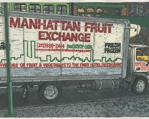 Drawing of Manhattan Fruit Exchange delivery truck on city street
