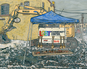 Drawing of construction site of LGBT Community Center featuring shovels, a backhoe and a pop-up tent