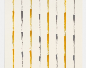 A painting on paper with yellow and black paint arranged in 8 columns. Each column alternates colors, and each column is made with a dry brush that we see expire. There are 4-5 strokes per column.