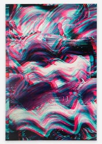 A blue, purple, pink, white, and yellow abstract composition that looks like ocean waves