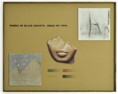 A mixed-media collage of a broken Egyptian sculpture, a model of light through a prism, a nondescript image of a mountain, and the text "Sphinx of Black Quartz, Judge My Vow"