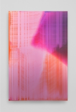 An abstract work made of predominantly pink, orange, purple, and maroon