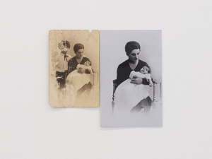 Two photographs that appear to be of the same woman holding a baby: the left image is sepia and damaged, the right photo omits a boy in the background