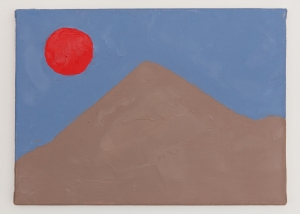 An abstract painting of a mountain scape in brown, red, and blue