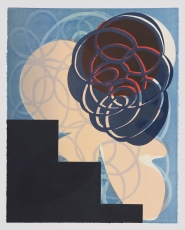 A print with a swirling cloud of blue and red, over a stair-shape at left with beige and blue background