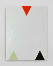 An enamel painting on a white background with 3 triangles (1 red at top, 2 at bottom with one being green and one black)