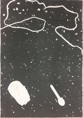 A black and white print with specks of white and silhouetted objects