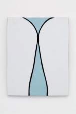 An enamel painting with white, pale blue, and black lines