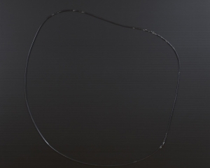 A roughly circular shape on a black ground. The shape is make with a single line of black paint.