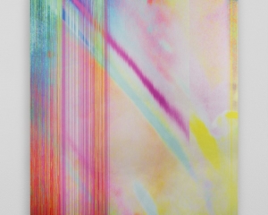 An abstract composition of red, pink, yellow, blue, and green