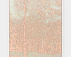 A print made of copper on dibond. There are tall trees with minimal leaves, and a small stream running through the foreground.