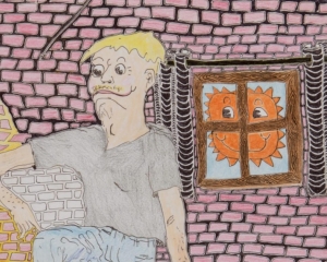 A drawing made with colored pencils that depicts a figure against a brick wall. The style is somewhat cartoonish, with the brick showing up in pink, yellow, and white. There is a childlike sun in the window to the right of the figure.