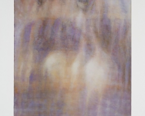 Abstract painting in shades of purple with cream-colored forms