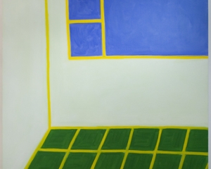 An image of an abstracted interior with green floors, a blue square and yellow definition lines
