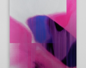 A work screenprinted on aluminum. The bottom half of the vertical work is predominantly fuchsia and pink, with significant striations throughout. The top half is mostly white. The shapes are organic, fissures dissolving. 