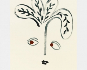 A work on paper that depicts a face (eyes, mouth) with a nose that sprouts into four leaves. The drawing is like a sketch, fluid, impulsive, simple.