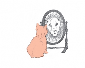 Graphic image of a pink cat looking into a mirror, seeing a lion