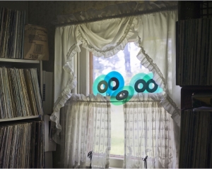 A photograph of the interior of a home, with shelves filled with records at the left and right of a central window. The window has lace and sheer curtains over it, and 5 blue records perched upon the center ledge of the window.