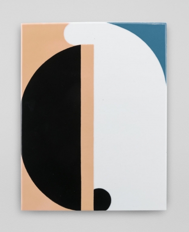 An abstract composition with a central vertical axis. The shapes are predominantly semi-circles: a black on on the left on a beige background, and a small black semicircle at the bottom of the axis on the right. At the top-right, there is a blue swatch that defines the white background.
