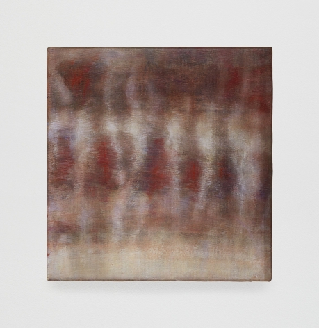 An abstract painting in tones of red, beige, white, and gry