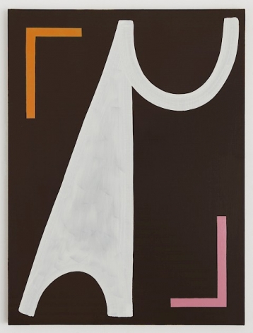 A painting of an idiosyncratic shape in off-white, with 2 small lines at the upper-left and lower-right corners: at left the lines are orange, at right is pink.