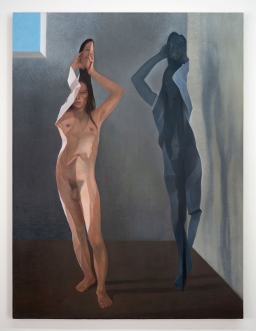 A painting of a semi-photorealistic naked woman, folding onto herself like a piece of paper. Next to her is an identical silhouette drawn in grey. She is in an abstracted room: walls and a window at left but no other details.