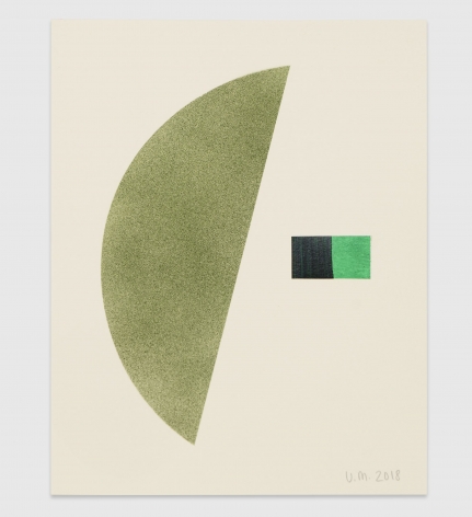 A collage of paper and paint: a green half circle is to the left of a rectangle created out of a green and black square