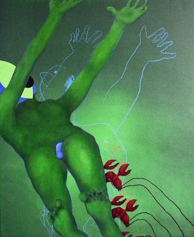 A painting of a green figure lying down with their arms outstretched on a green background; red lobsters are painted near the figure's feet