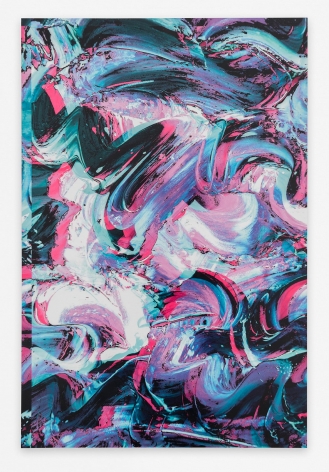 An abstract composition of light blue, black, pink, and purple.