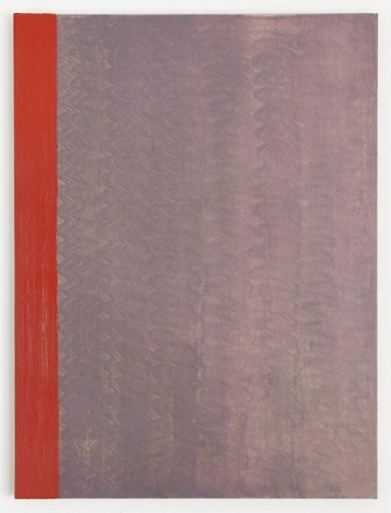 A painting which has brushstrokes in mauve, and theres a red border on the entirety of the left edge.
