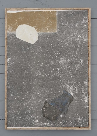 A collograph print that includes found objects upon it including a squished can painted white in the top-left, and another piece of detritus in the bottom-right.