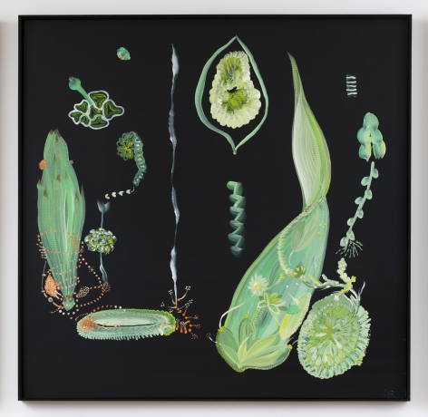 A painting of green organic forms on a black background