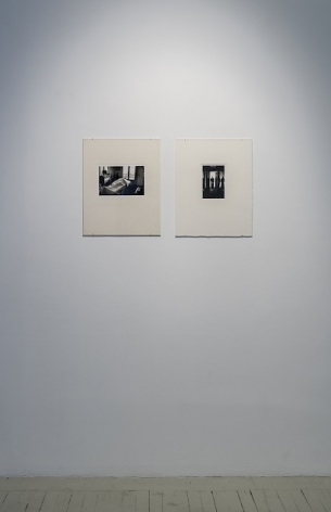 Two Hervé Guibert black and white photographs in cream mattes, next to each other.