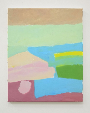 An abstract painting of a mountain peak in blue, green, beige, pink, and yellow tones