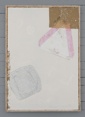 A collograph print that includes found objects applied to it. The top of a styrofoam clamshell can be seen on the bottom-left, and there is a pizza triangle for to-go slices near the top-left. At the top-left corner of the paper is a gold square. There is also a loose gold area on the left side of the paper.
