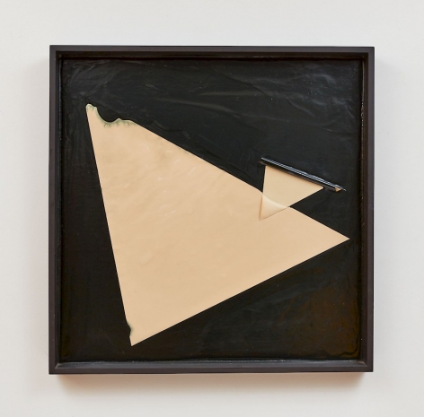 A black ground of thick black paint, framed in a black square. There are two triangles: one is large and leaning toward the top-left; the smaller one overlaps at the hypotenuse, making a small triangle in the large triangle.