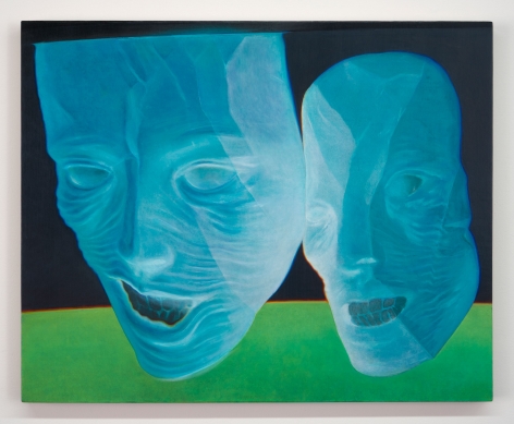 A painting of two floating masks painted in blue, seemingly laughing with mouths open. They are above a green ground, and against a black background.