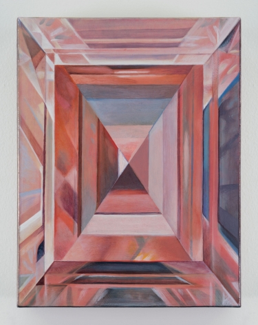 A painting of an abstracted diamond cross section, with multiple rounds of refraction. The entire canvas is made of pink tones with a few blue accents.